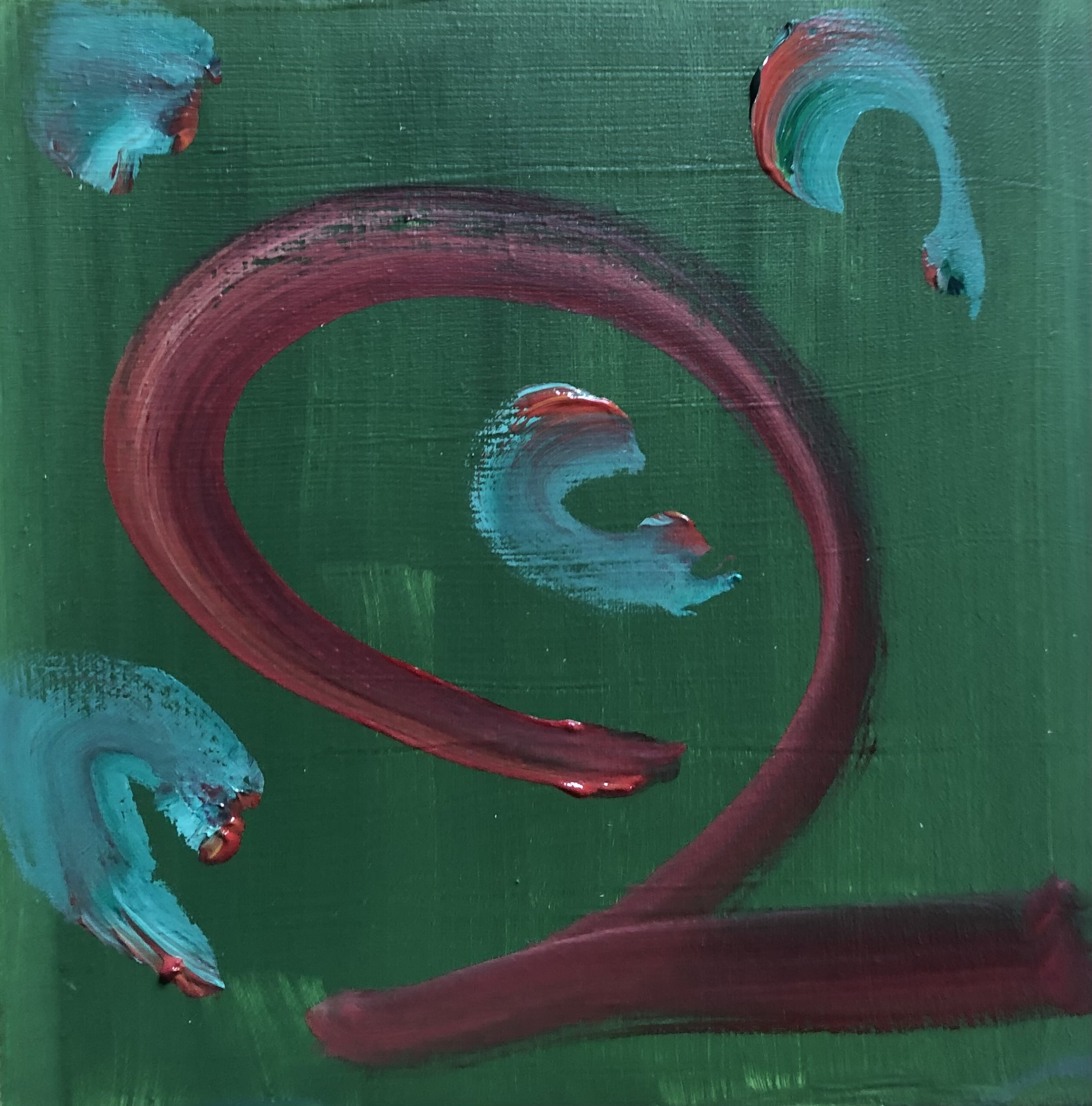 sur un fond vert, le chiffre deux ou un serpent joue ou combat de petits animaux de couleurs bleu vert qui ressemblent à des écureuils, un perroquet et un hérisson